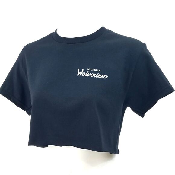 MICHIGAN WOLVERINES Double Script Retro Logo "Cropped" Crop Top Tee Jersey Tee - Picture 3 of 6